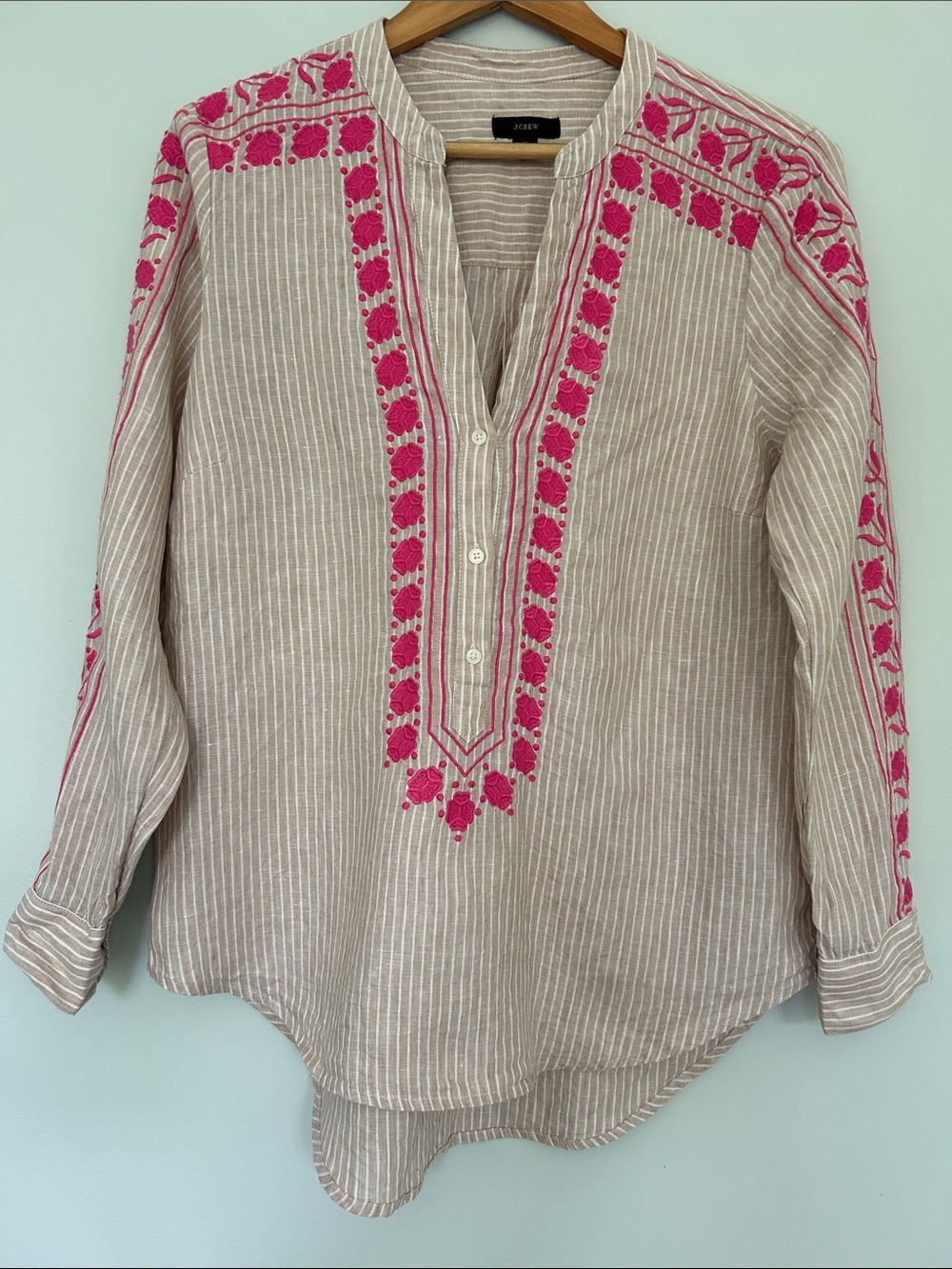 J. Crew Beige Stripe Tunic with Hot Pink Embroidery